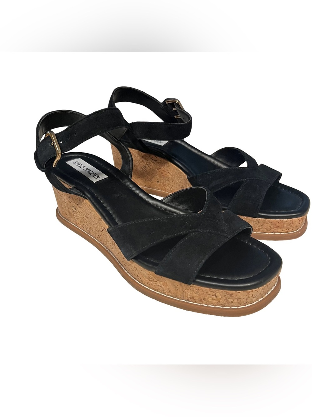 NEW Steve Madden Robbin Black Suede Womens Sz 8.5 Cork Wedge Sandals
